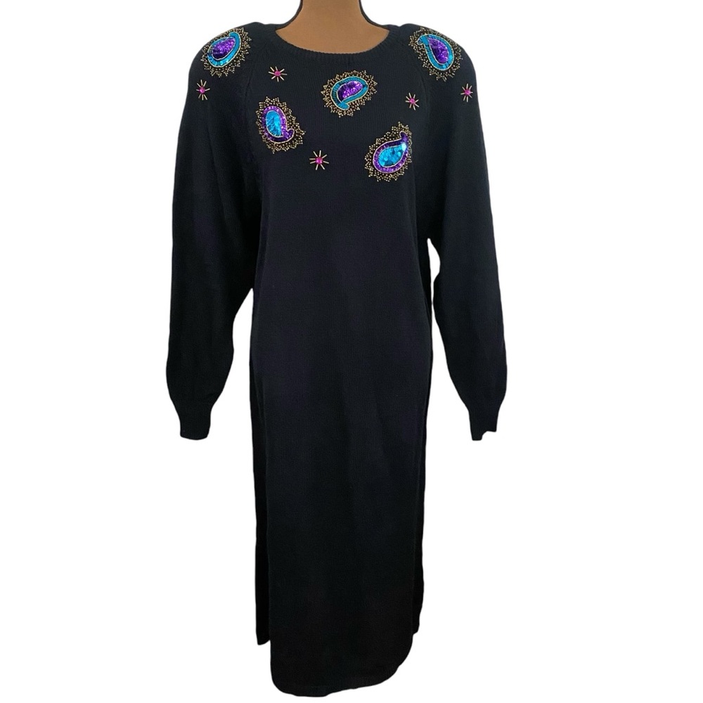 Vintage Sweet Baby Jane black sequins paisley  embellished knit maxi dress sz L